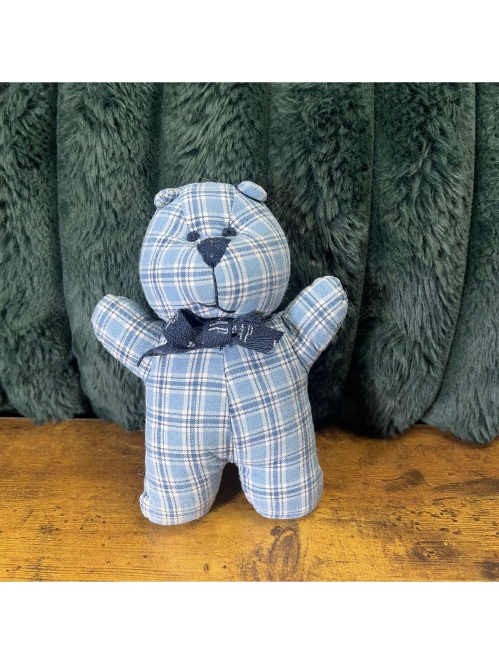 Baby Gap Plaid Teddy Bear Plush Blue White Cotton Fabric Bow Stuffed Toy 7"